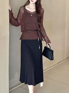 ชุดเดรสยาวแขนยาวถักเนื้อผ้าโพลีเอสเตอร์สำหรับผู้หญิง ชุดสองชิ้น แขนยาว ทรงหลวม กระโปรงทรงเอ เดรสลำลอง