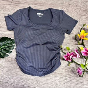 Áo thun nữ tập gym yoga aerobic thể thao ngắn tay nhúng hông có mút thun gân co dãn 4 chiều BINSPORTS A297