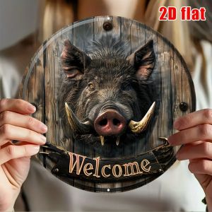 2D Flat Round Aluminum Wild Boar Welcome Plaque - 8x8" Decorative Ornament Waterproof Durable for Home Courtyard Door