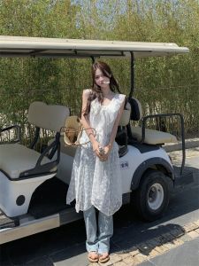 Váy Vest Ren Trắng Kiểu Pháp Cho Nữ Mùa Đông 2025 Váy Dài Vừa Phải Không Tay Dáng Rộng Xếp Ly Xếp Lớp