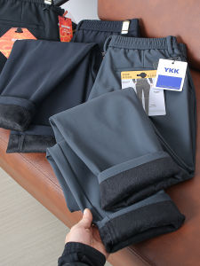 กางเกงขายาวทรงตรงบุขนแกะหนาสำหรับผู้ชายในฤดูหนาว กางเกงขายาวลำลองกันหนาวทรงตรงเอวยางยืด