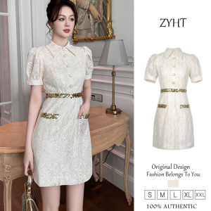 ZYHT ชุดเดรสสีเบจของผู้หญิงชุดเดรสทรง A ชุดเดรสชุดเดรสผ้าโพลีเอสเตอร์ทำงานชุดเดรสไปงานชุดเดรสแต่งงานหรูชุดเดรสปาร์ตี้ชุดราตรี21639