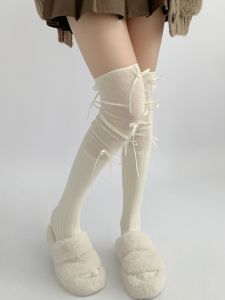 White Butterfly Knot Long Tube Socks Womens Knee-high Boot Socks Ballet Style JK Leggings Cotton Stretchy High Tubc Socks