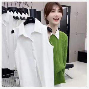 เสื้อเชิ้ตแขนกุดคอโปโลสไตล์เกาหลีสำหรับใส่ทำงาน ทรงเข้ารูป สีพื้น เสื้อเชิ้ตแขนยาวคอวี ผ้าฝ้ายผสมโพลีเอสเตอร์