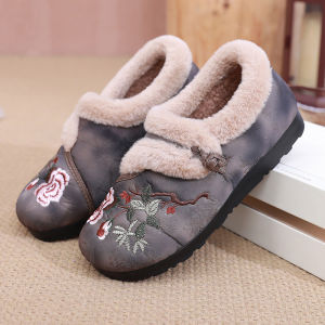 Old Beijing Cloth Shoes Womens Winter New Arrival Fleece Lined Padded Warm Keeping Women Cotton Shoes Non Slip Soft Bottom Chinese Ancient Style Embroidered Boots
