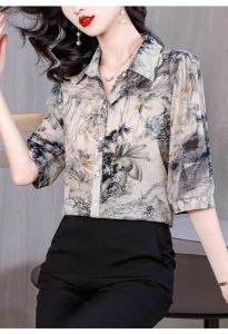 เสื้อเชิ้ตผ้าชีฟองคอจีนสำหรับผู้หญิงฤดูใบไม้ผลิและฤดูร้อนใหม่ไซส์ใหญ่แฟชั่นเสื้อแขนยาวลายดอกไม้สวยงาม