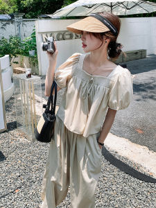 ชุดเสื้อแขนพองหลวมๆ สำหรับผู้หญิง ชุดลำลองฤดูร้อน 2025 ชุดกระโปรงขากว้างสองชิ้น ชุดแฟชั่นลำลองสำหรับวัยรุ่น