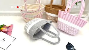 Túi cói -THỪNG vintage HỒNG pastel kẻ sọc đẹp cầm tay Xinh xắn phong cách hàn quốc đi chơi du lịch