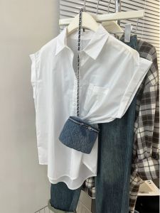 White Loose Slimming Summer Shirt Womens Sleeveless Turn-down Collar Fashionable Top Bell Home Comfortable Regular Fit Single Button Closure