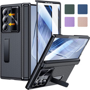 Slide Camera Lens Cover [Built-in Screen Protector & Kickstand] Hinge Protection 3D Grid Pattern Hard Plastic Full Body Shockproof Phone Case for Samsung Galaxy Z Fold 7 CaseZ Fold 6 CaseZ Fold 5 Case