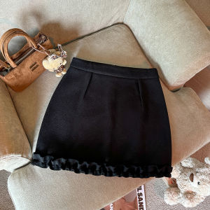 GUZILIAN | High Waist Autumn Winter Grey Woolen Mini Skirt Korean Style Slimming A-Line Half Body Short Skirt For Women Commute Design