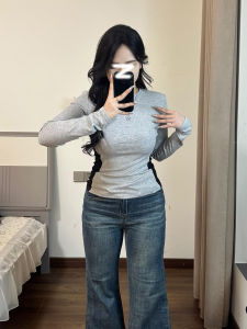 Slim Fit Long Sleeve T-Shirt Womens Autumn Winter Fashionable Spicy Girl Base Layer Shirt Inner Wear Top plus Size Color Block