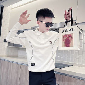 เสื้อสเวตเตอร์คอปกพอยต์สไตล์นักเรียนสำหรับผู้ชาย ฤดูใบไม้ผลิและฤดูใบไม้ร่วง ทรงหลวม แขนยาว ผ้าฝ้ายผสมโพลีเอสเตอร์ แฟชั่นลำลอง