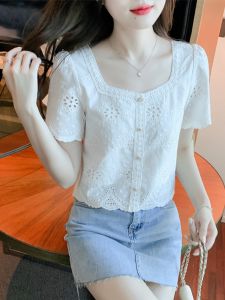 Womens Pure Cotton Short Sleeve White Shirt Summer New Fashion Sweet Style Slimming Short T-Shirt Korean Version Square Collar