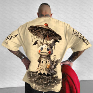 Bandai | 2026 Summer Pokemon Cotton T Shirt Mimikyu Back Print Holding Paper Umbrella Sleeve Pokemon Logo Loose Fit Men Women Casual
