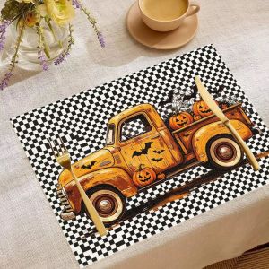 VIKAMA 2/4/6pcs Halloween Meal Mat Dancing Skeleton Crow Rose Pumpkin Retro Truck Table Mat Desktop Party Decoration