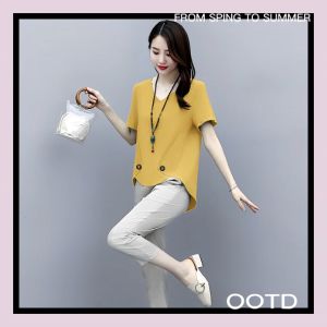 NDDshop - การขายเสื้อผู้หญิง | เสื้อแฟชั่น เสื้อแขนสั้นคอวีแต่งชายกระดุม | สวยเก๋ ปังไม่ไหว | 🪅ซักใส่ได้เลย | ไม่ต้องรีดยับยาก