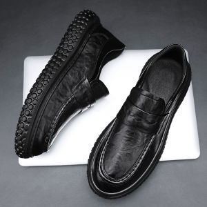Mens Business Casual Shoes Soft Bottom Slip-On Office Wear Comfortable Work Leather Shoes Autumn Season round Toe Thick Sole