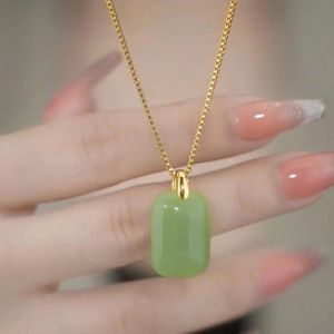 BESFOME 24K Gold Plating Titanium Steel Green Jade Square Necklace Stainless Steel Natural Jade Pendant Necklaces