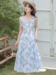 Xia New Chinese Style Watercolor Fading Super Fairyland Forest System High-End Blue Strapless Open Cardigan Two-Piece Set Dress