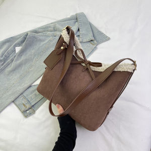 Spring Summer Vintage Lamb Fur Tote Bag Womens New Fashion Butterfly Knot Bucket Bag Single Shoulder Slant Cross Bag
