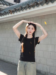 Áo Thun Cổ Tròn Tay Ngắn Ôm Vừa Vặn Màu Trơn Phong Cách Nhật Bản Thường Ngày Mùa Hè Cho Nữ