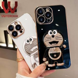 VWTEROKAI Electroplated 3D cartoon Doraemon stand holder phone case For OPPO F1S F11 F7 F9 F5 A71 A5 2020 A9 2020 A52 A92 A55 A53 A33 A83 A74 A95 camera protect Gold Plating Soft Silicone back cover