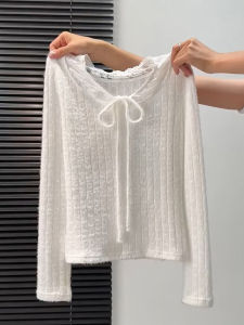 QINGNAER | Lace Bow Long Sleeve Knitwear Blouse