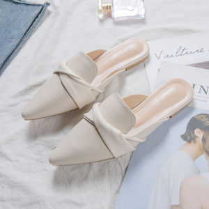 Fashionable Flat Bottom Soft Leather Pointed Toe Small Fragrance Style Womens Slippers Summer New Arrival Cross Strap Korean Style
