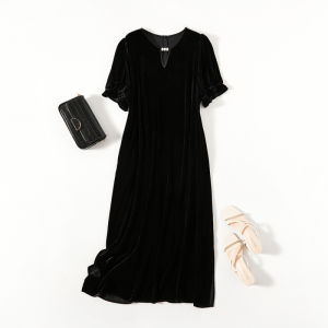 XMO | Silk Velvety Loose Waist-Cinching Black Dress