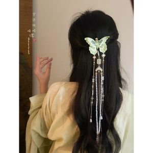 Elegant Green Butterfly Long Tassel Hair Clip for Women Traditional Chinese Style Qipao Back Step Shake Ancient Feel Hair Accessories