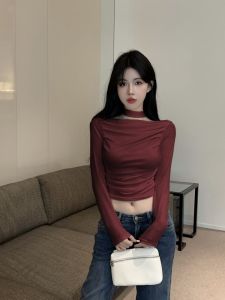 GUZILIAN | American Style Long Sleeve T-Shirt Womens Slim Fit Collar Short Top Pure Color Commute Style Autumn Fashion Shoulder Bared