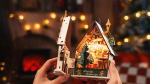 Year End Sales | Robotime Rolife Twinkling Christmas House DIY Wooden Miniature Dollhouse (DS036) 3D Puzzles Wooden Crafts