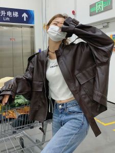 ระดับไฮเอนด์ ผู้หญิง เสื้อแจ็คเก็ตหนัง สตรีทสไตล์ หลวม มอเตอร์ไซค์แขนยาว Pu หนัง เสื้อโค้ท ฤดูใบไม้ผลิ ฤดูใบไม้ร่วง หลากหลาย แฟชั่นขี้เกียจ