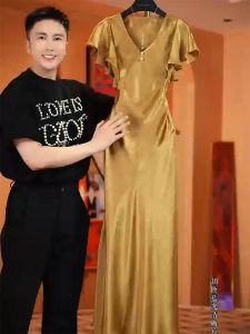 Stunning Elegant High-End Womens Dress Unique Beautiful Autumn New Style Casual High Waist A-Line Long Skirt V-Neck Short Sleeve