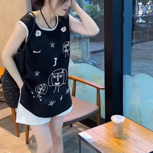 European Goods 2024 Summer New Arrival Fun Graffiti Girl Cotton Linen Vest Skirt Women Leisure Anti-Aging Sleeveless Short Skirt