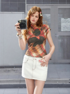 Unifree | Cute Print Plaid High Neck Short Sleeve T-Shirt