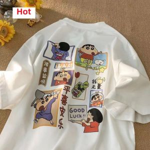 Cute New Anime Crayon Shinchan Short Sleeve T-Shirt Men Summer High Street Print Versatile Couple Body Shirt Fashionable Urban Loose Fit Milk Silk