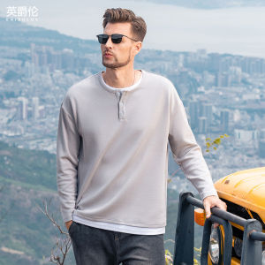 Enjeolon | Henley Neck Casual Long Sleeve T-Shirt Mens Fashion Loose Fitting Solid Color 260g