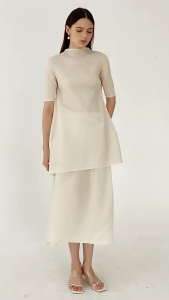 Miyake pleated summer new fashion Korean version mid length top + splashed skirt iced two-piece set