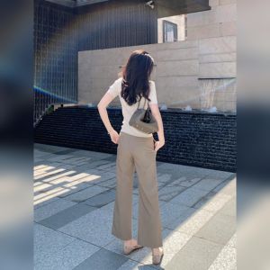 YUFUQING | กางเกงขายาวทรงหลวมสไตล์วินเทจสีกรมท่าสำหรับผู้หญิง กางเกงขายาวทรงตรงทรงหลวมสำหรับใส่ไปทำงานและลำลอง