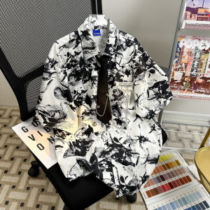 Retro Handsome Ink Painting Print Shirt Mens Short Sleeve Trendy Dark Loose Couple Leisure Hong Kong Style Tie-Dyed Shirt