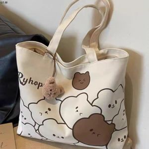 Large Capacity Canvas Tote Bag Womens Fashion Commuter Bag Cartoon Bear 3D Design Single Shoulder Book Bag Casual Style