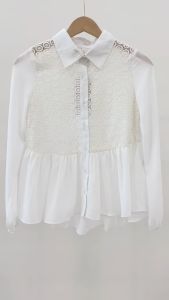 Korea Woman Summer Lace Panel Collat Button Long Sleeve Blouse