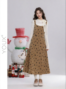 YOUXIANG | Đầm Áo Gile Hoa Nhỏ Dành Cho Mùa Đông
