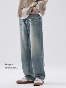 กางเกงยีนส์ทรงหลวมสไตล์อเมริกันย้อนยุคสำหรับผู้ชาย กางเกงขายาวทรงตรงลำลองฤดูใบไม้ผลิและฤดูใบไม้ร่วง กางเกงยีนส์ผ้าฝ้ายผสมโพลีเอสเตอร์