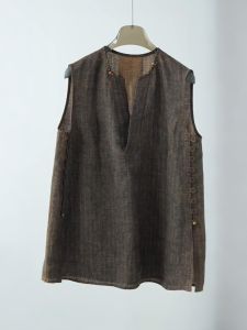 QINGNAER | Retro Brown V-neck Sleeveless Vest for Summer Plus Size