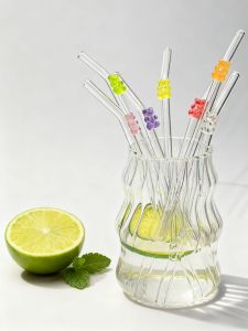 1/9PCS Colorful Crystal Bear Glass Straw Reusable Bent Straw for Milk Tea Cocktails Iced Drinks Festive Party Atmosphere Gift