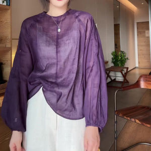 SHUAIYUE | Áo Sơ Mi Chiffon Tím Retro Phong Cách Pháp Dáng Suông Tay Lồng Đèn