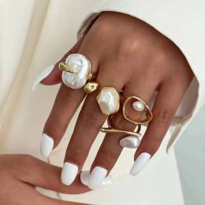 KunJoe Baroque Imitation Pearl Open Rings Set for Women Elegant Irregular Gold Color Adjustable Knuckle Ring Luxury Jewelry Gift